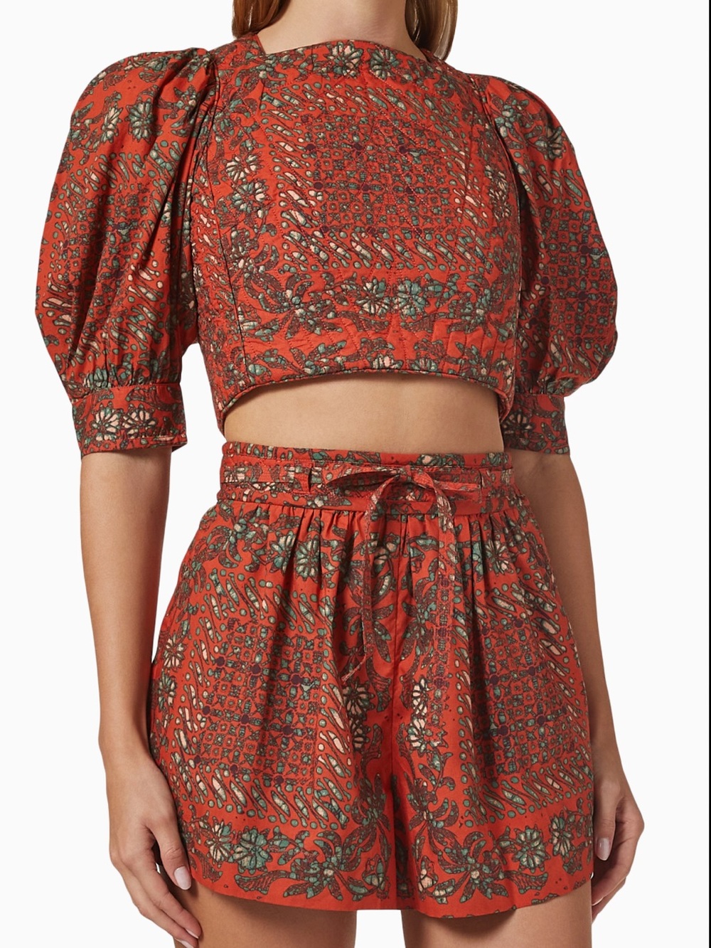 ULLA JOHNSON Anise Printed Puffed Sleeve Quilted Crop Top and Shorts